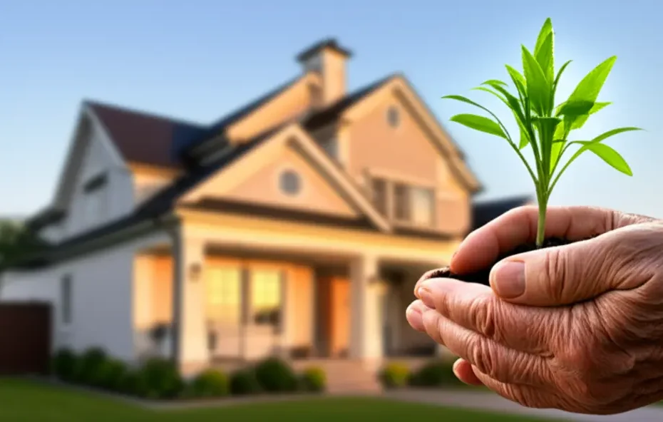 Foto realista de mãos idosas segurando uma muda de planta em frente a uma casa, simbolizando o resultado da posse e o direito à propriedade.