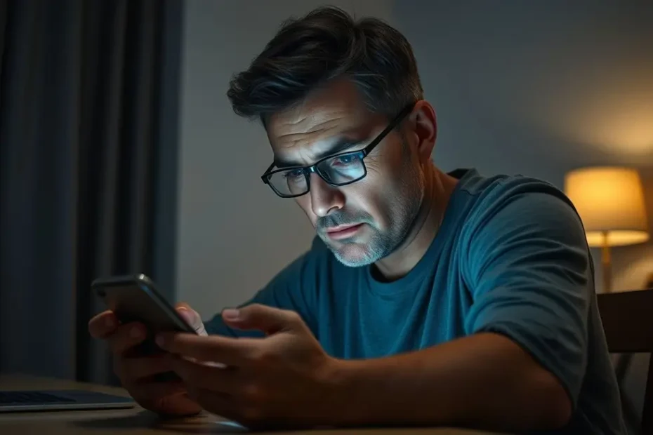 Pessoa sentada à mesa, olhando para o celular com uma expressão de alívio e clareza, simbolizando a busca por respostas para um problema legal.