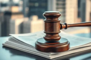 Martelo de leilão em madeira sobre uma pilha de documentos legais, representando o tema de leilões e adjudicação.