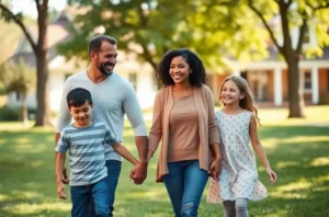 Família feliz em um parque com casa ao fundo, simbolizando a liberdade e segurança financeira.