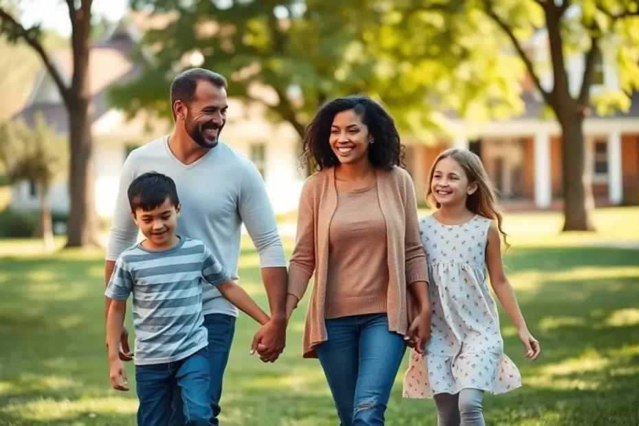 Família feliz em um parque com casa ao fundo, simbolizando a liberdade e segurança financeira.
