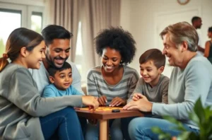 Uma família feliz reunida em casa, representando a segurança e o bem-estar proporcionados pela independência financeira.