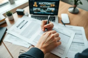 Mãos analisando documentos legais e formulários fiscais sobre uma mesa de escritório, com um laptop ao fundo mostrando listagens de leilões.