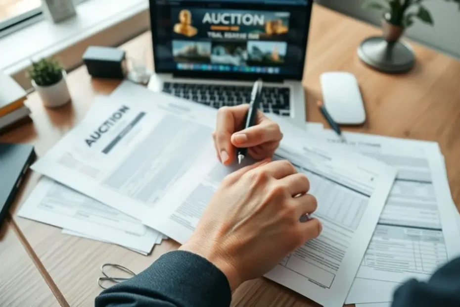 Mãos analisando documentos legais e formulários fiscais sobre uma mesa de escritório, com um laptop ao fundo mostrando listagens de leilões.