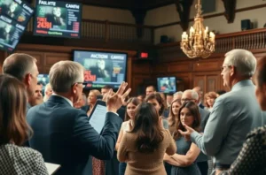 Pessoas em um leilão, algumas levantando as mãos para dar lances, outras olhando tablets, com um leiloeiro no pódio, simbolizando a participação segura e informada.