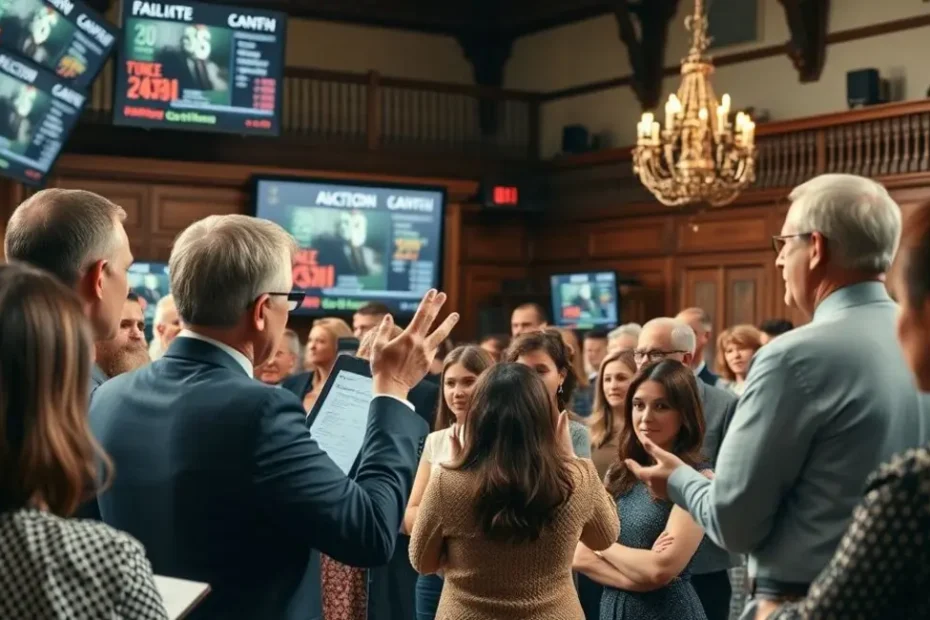 Pessoas em um leilão, algumas levantando as mãos para dar lances, outras olhando tablets, com um leiloeiro no pódio, simbolizando a participação segura e informada.