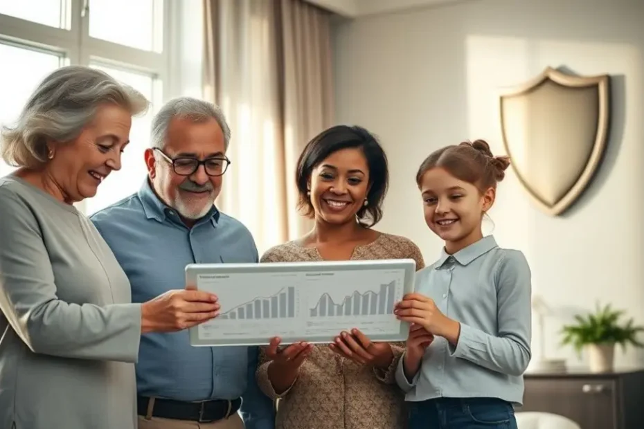 Uma família de diferentes gerações, discutindo planejamento patrimonial e sucessório com tranquilidade e confiança em um ambiente moderno.