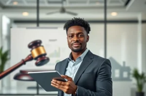 Um investidor confiante segurando um tablet, com símbolos de leilão e imóveis ao fundo, representando segurança.