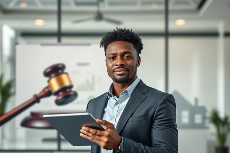 Um investidor confiante segurando um tablet, com símbolos de leilão e imóveis ao fundo, representando segurança.