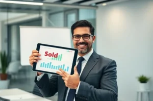 Um investidor confiante com um tablet, simbolizando segurança jurídica e financeira em leilões de imóveis.
