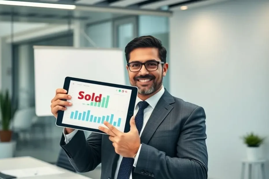 Um investidor confiante com um tablet, simbolizando segurança jurídica e financeira em leilões de imóveis.