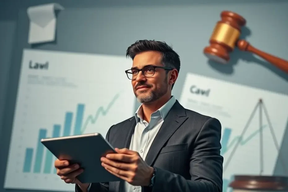 Imagem de um investidor profissional, com semblante de confiança e inteligência, em um cenário que mistura elementos gráficos, legais e de leilão, simbolizando sucesso e planejamento.