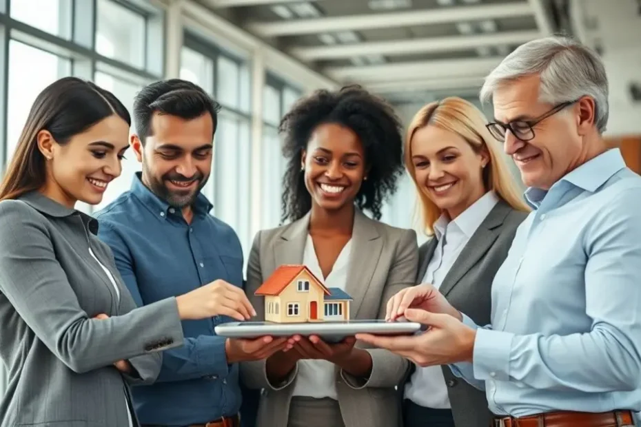 Grupo de investidores olhando tablet com gráficos e casa, simbolizando planejamento financeiro e sucesso em leilões de imóveis.