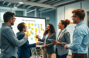 Consultores de GRC trabalhando juntos em um mapa da jornada do cliente em um ambiente de escritório moderno.