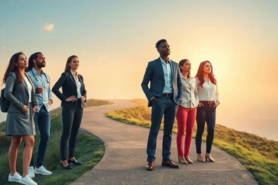 Imagem de capa mostrando um grupo diversificado de profissionais em um caminho sinuoso, simbolizando a jornada profissional e o sucesso.