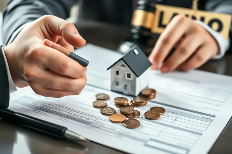 Mão segurando miniatura de casa, colocando moedas em formulário fiscal com martelo de leilão ao fundo.