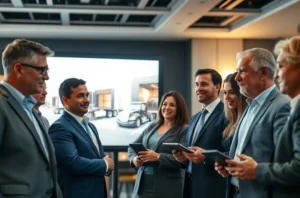 Grupo diversificado de investidores com expressões focadas em um leilão moderno, com imagens de casas, caminhões e máquinas na tela.