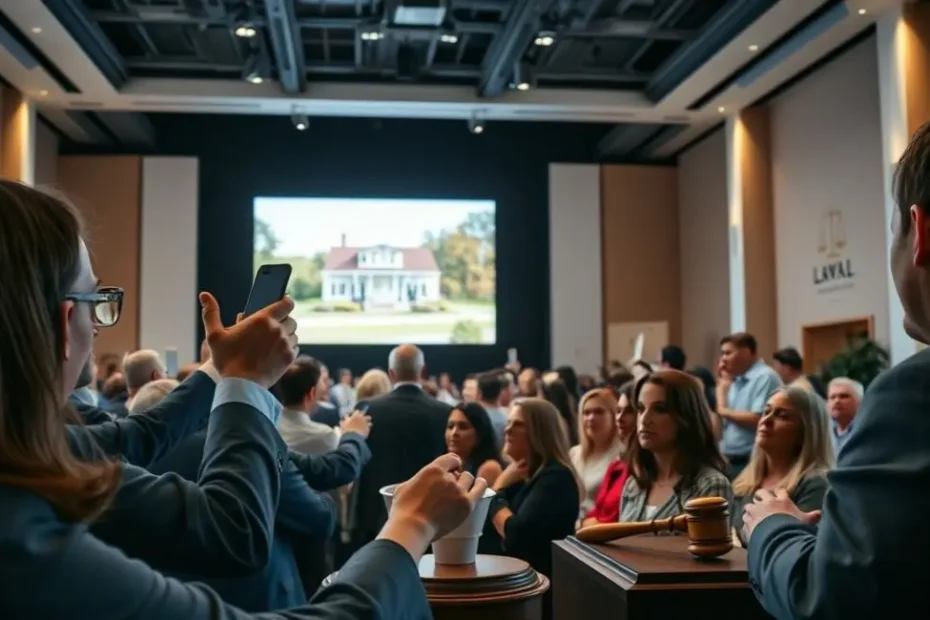 Cena de leilão de imóveis com participantes levantando pás de lance, destacando a dinâmica e as oportunidades do evento.