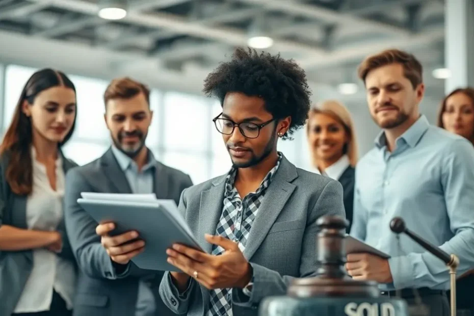 Imagem de capa: Pessoas envolvidas em leilões, com elementos que simbolizam segurança, oportunidade e análise de documentos.